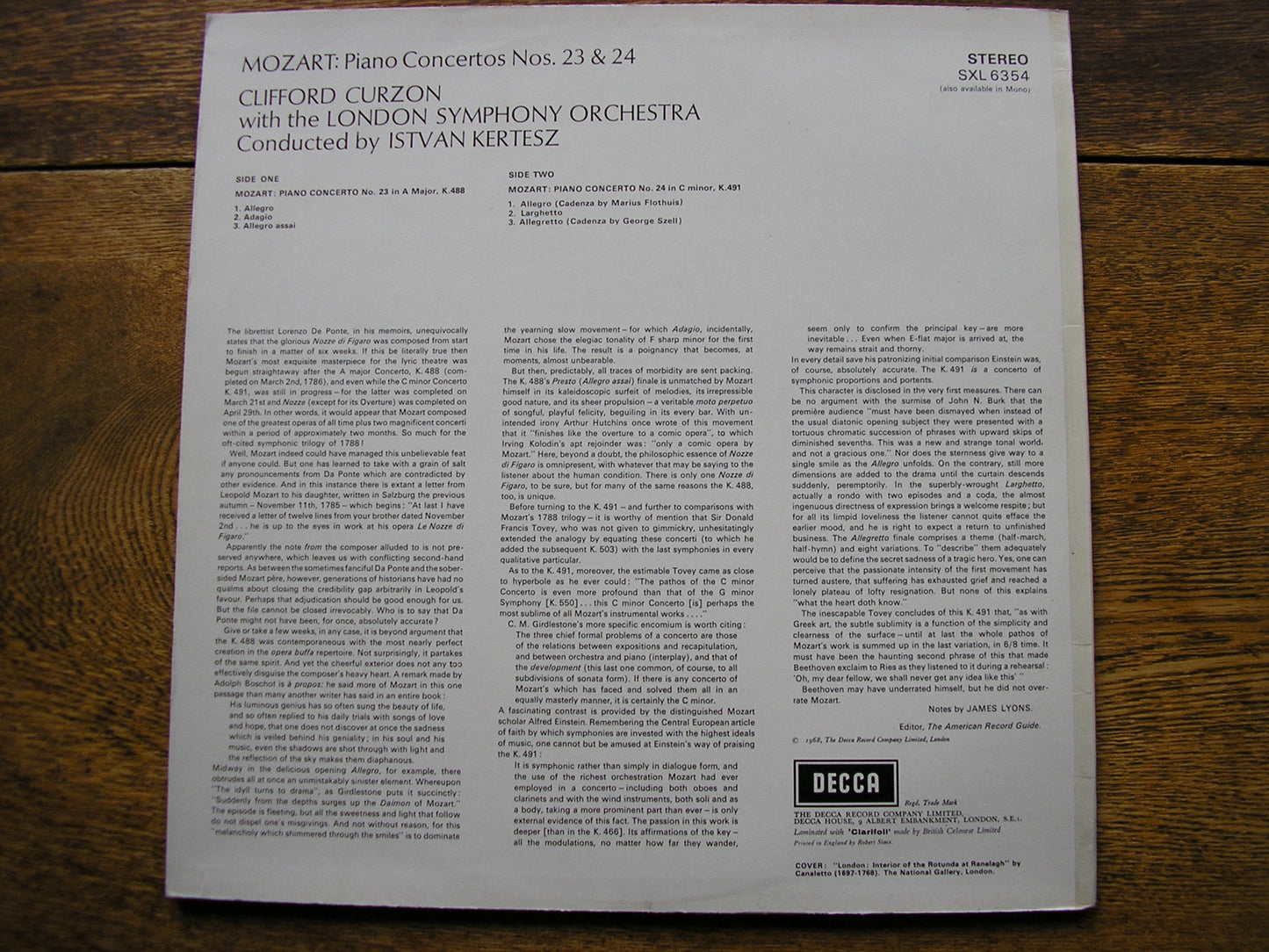 MOZART: PIANO CONCERTOS Nos. 23 K488 & 24 K491  CURZON / LONDON SYMPHONY / KERTESZ   SXL 6354