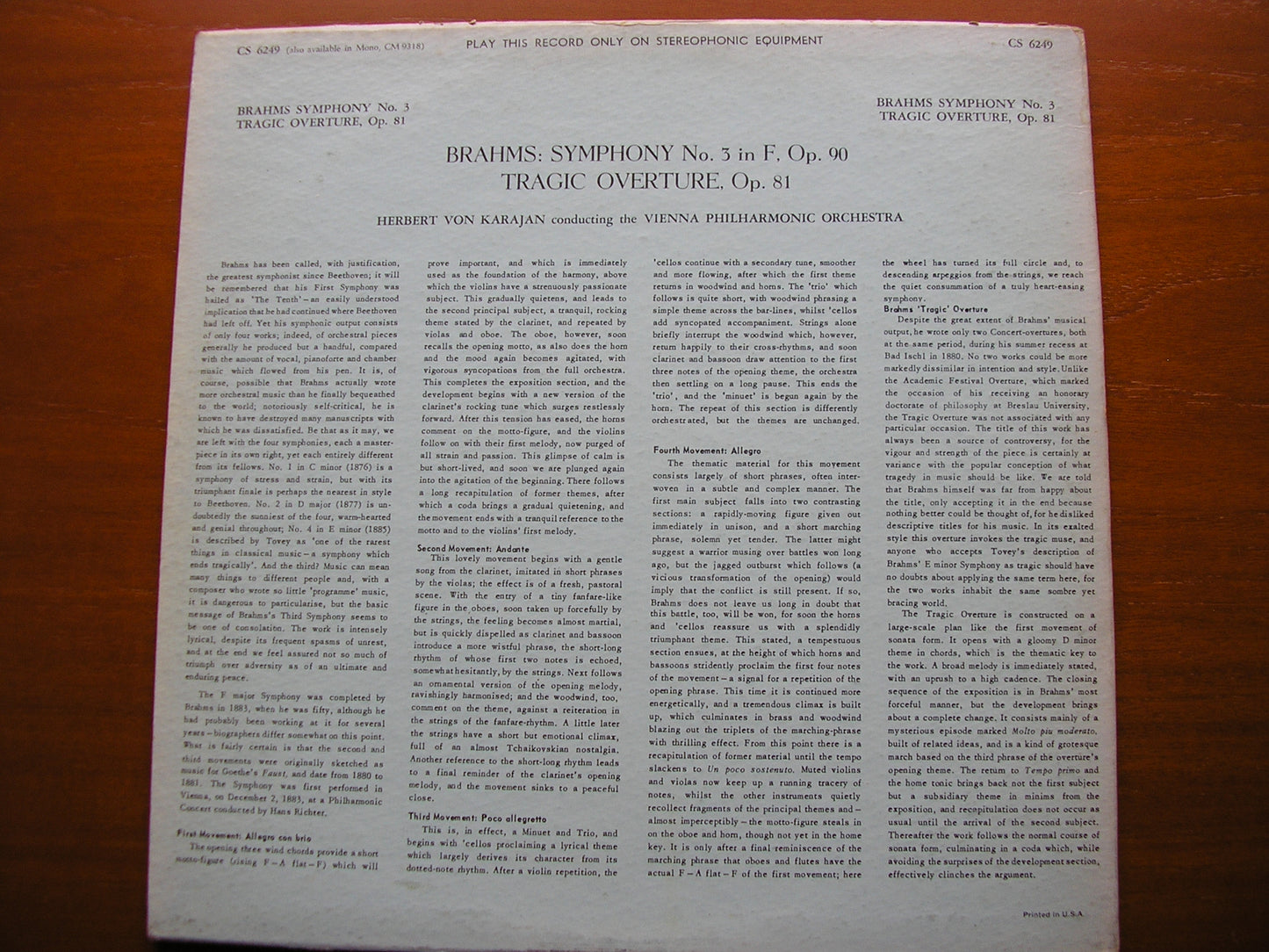 BRAHMS: SYMPHONY No. 3 / TRAGIC OVERTURE    KARAJAN / VIENNA PHILHARMONIC   CS 6249