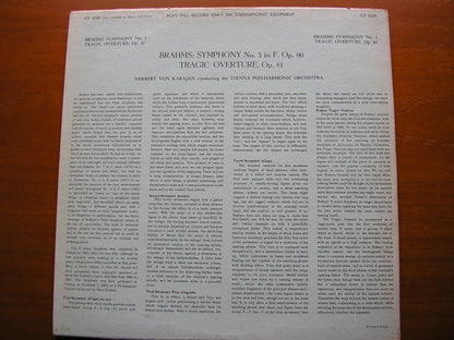 BRAHMS: SYMPHONY No. 3 / TRAGIC OVERTURE    KARAJAN / VIENNA PHILHARMONIC   CS 6249