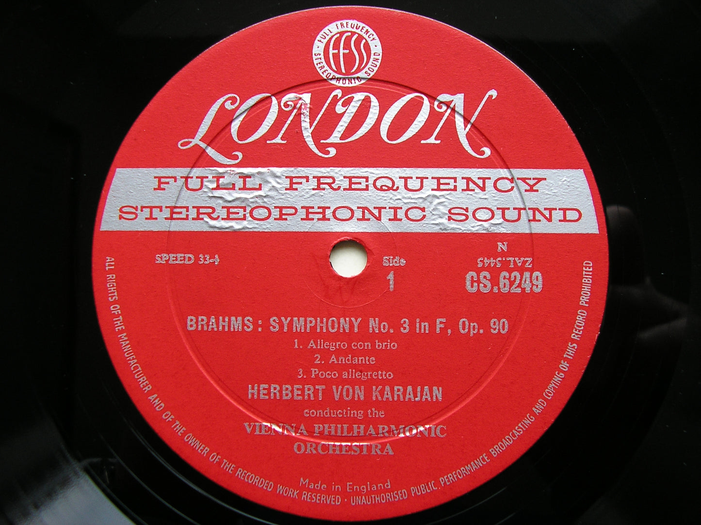 BRAHMS: SYMPHONY No. 3 / TRAGIC OVERTURE    KARAJAN / VIENNA PHILHARMONIC   CS 6249