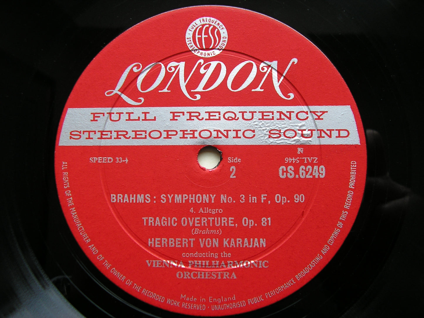 BRAHMS: SYMPHONY No. 3 / TRAGIC OVERTURE    KARAJAN / VIENNA PHILHARMONIC   CS 6249