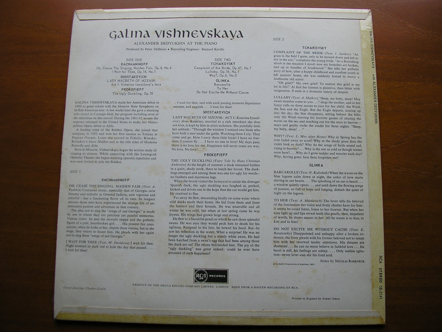 GALINA VISHNEVSKAYA SINGS RUSSIAN SONGS: RACHMANINOV / GLINKA / TCHAIKOVSKY / PROKOFIEV     SB 2141