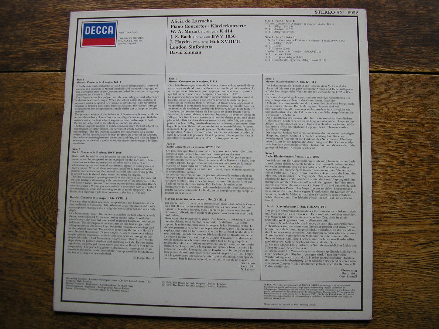 ALICIA DE LARROCHA PLAYS CONCERTOS BY MOZART / BACH / HAYDN   LONDON SINFONIETTA / ZINMAN  SXL 6952