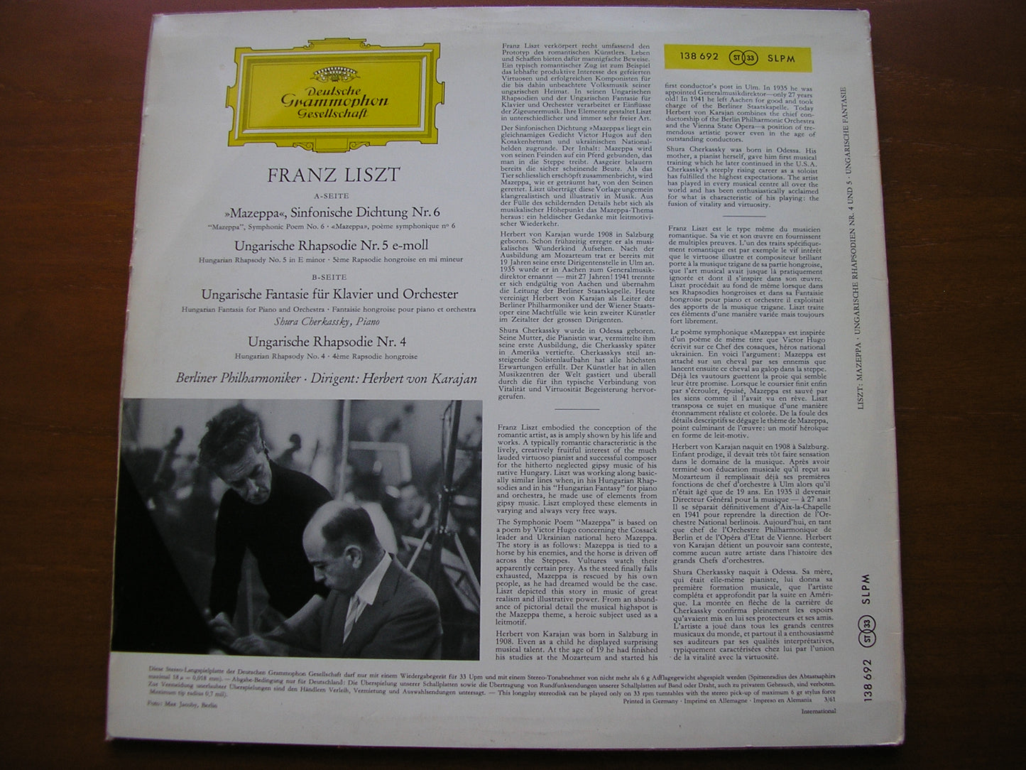 LISZT: MAZEPPA / HUNGARIAN RHAPSODIES Nos. 4 & 5 / HUNGARIAN FANTASIA     CHERKASSKY / BERLIN PHILHARMONIC / KARAJAN     138 692