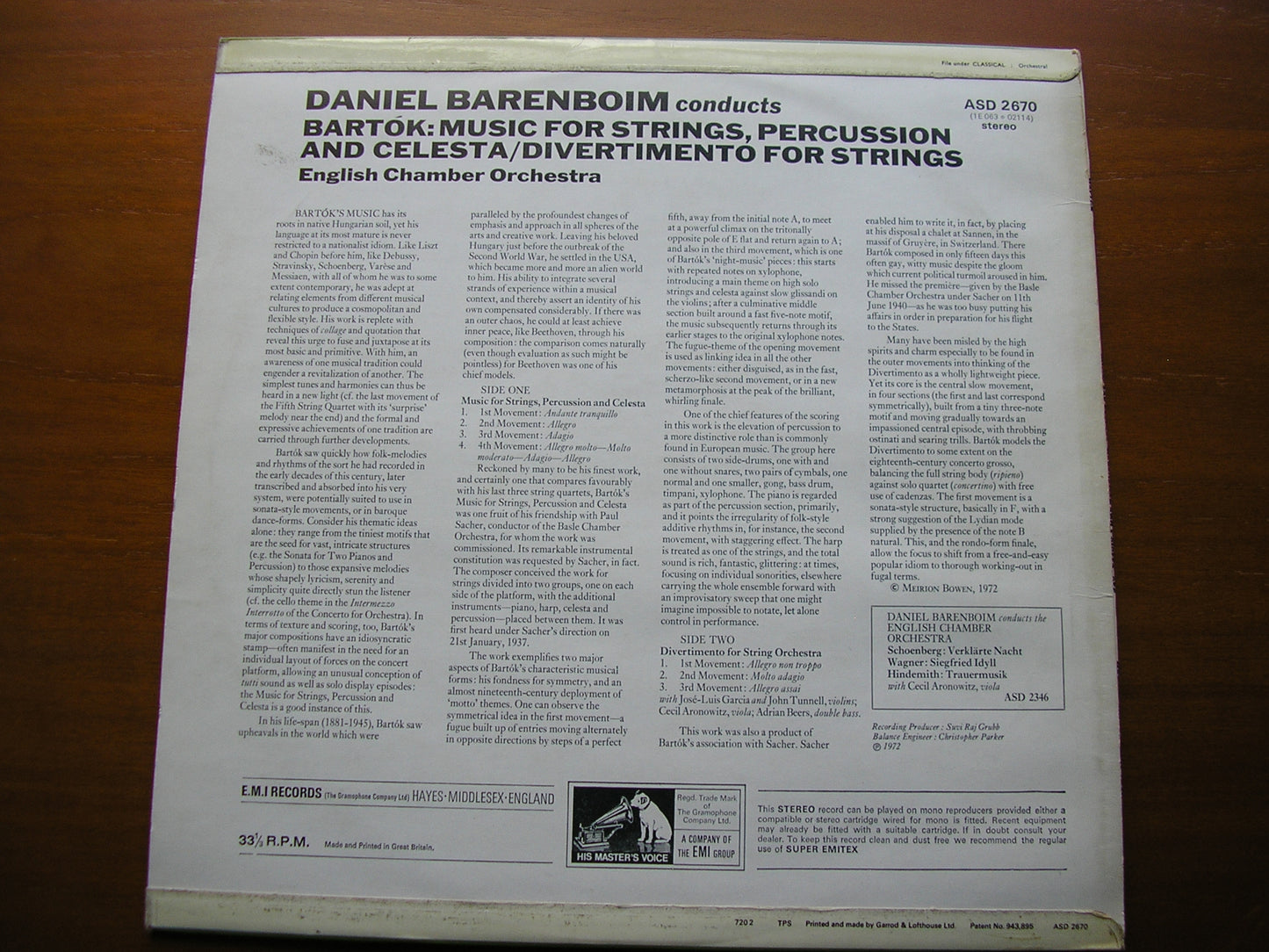 BARTOK: MUSIC FOR STRINGS, PERCUSSION & CELESTA DANIEL BARENBOIM / ENGLISH CHAMBER ORCHESTRA ASD 2670