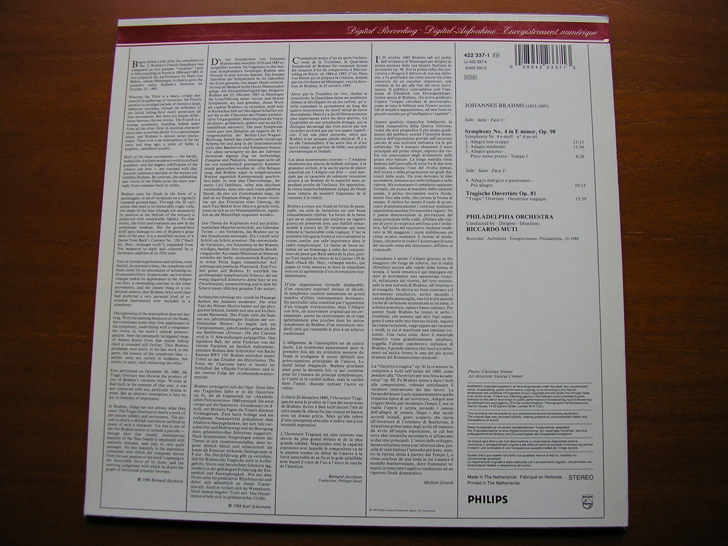 BRAHMS: SYMPHONY No. 4 / TRAGIC OVERTURE    MUTI / PHILHADELPHIA ORCHESTRA   422 337