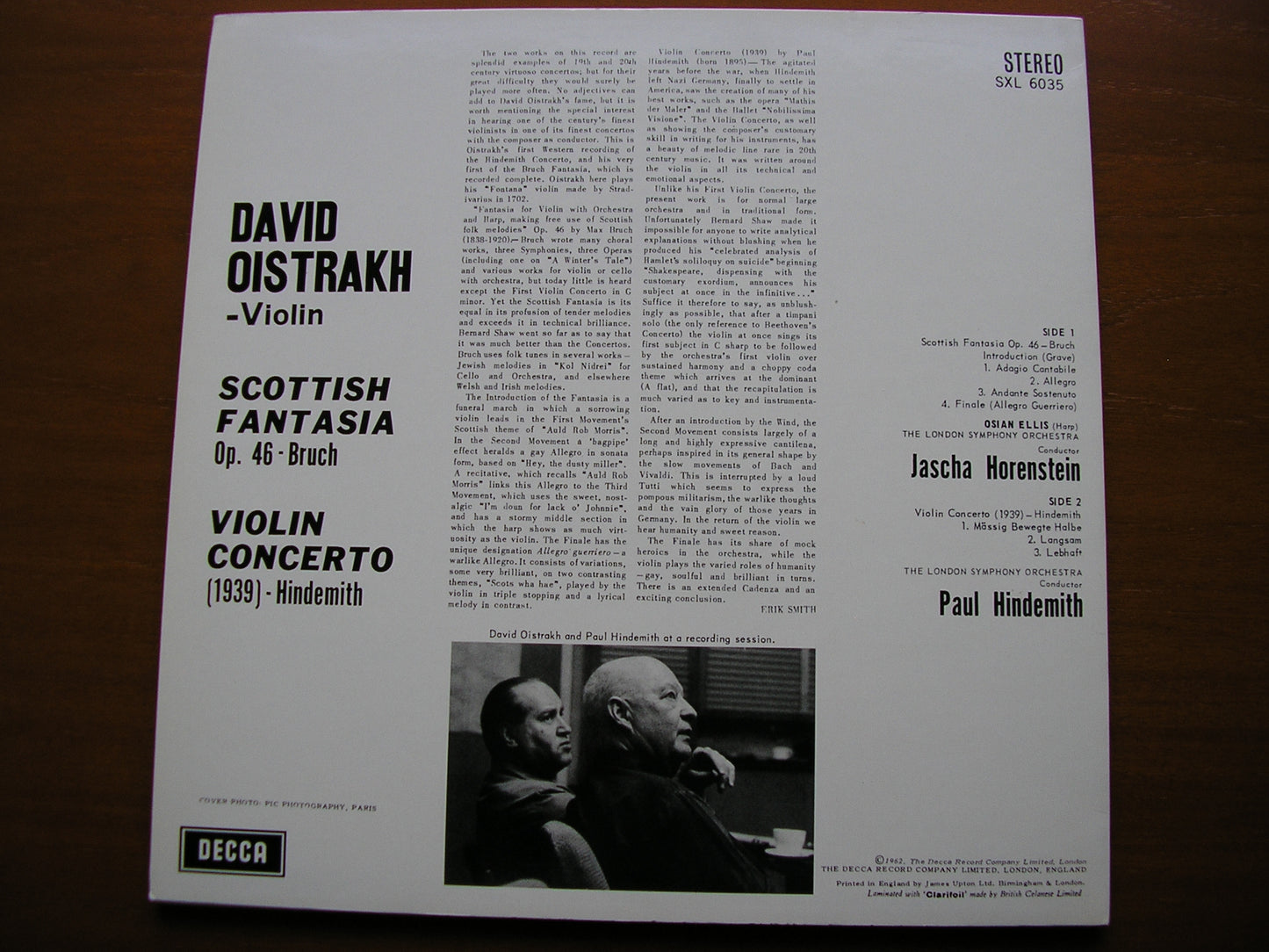 BRUCH: SCOTTISH FANTASIA / HINDEMITH: VIOLIN CONCERTO   OISTRAKH / LONDON SYMPHONY / HORENSTEIN   180gm    SXL 6035
