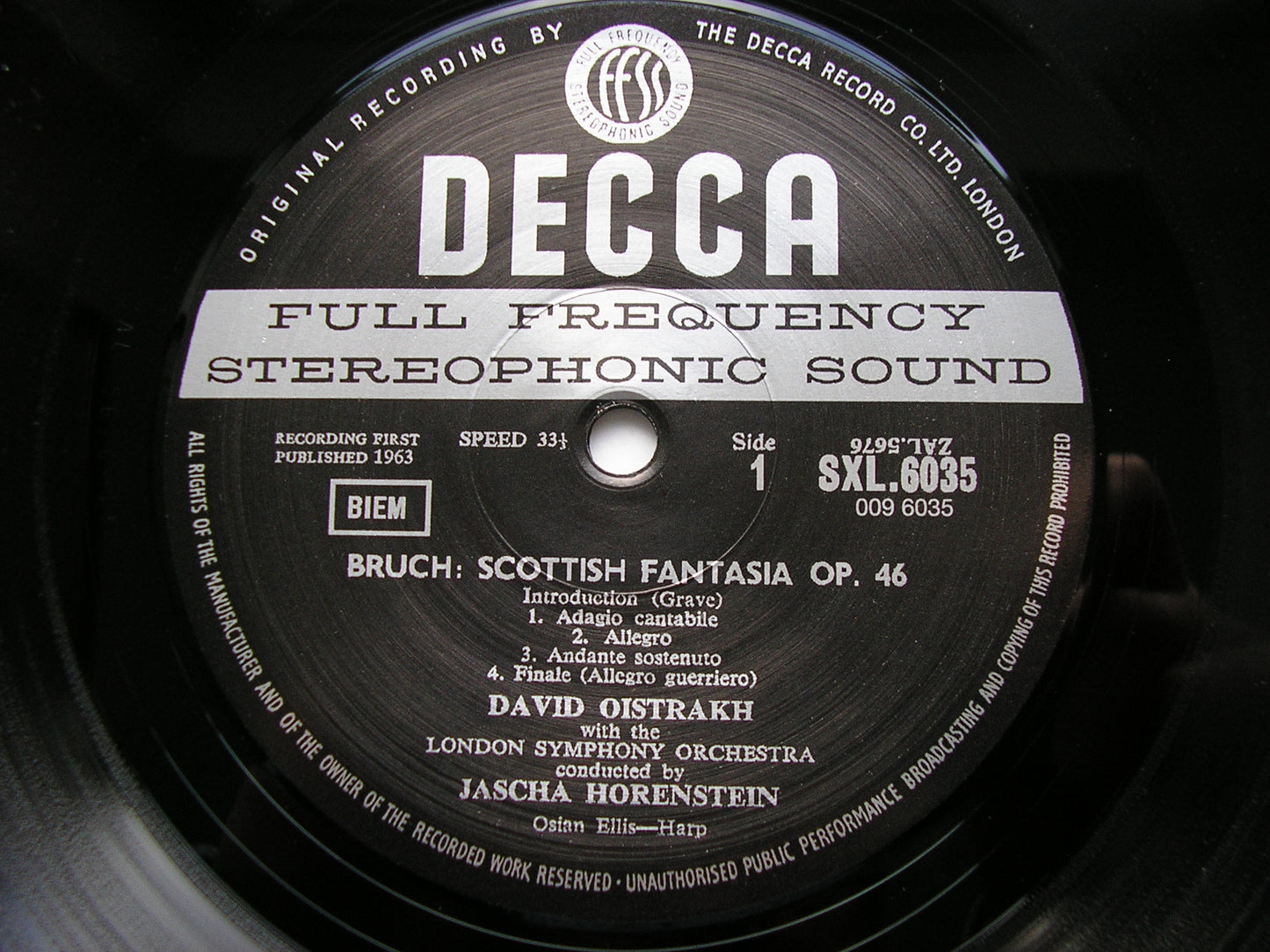 BRUCH: SCOTTISH FANTASIA / HINDEMITH: VIOLIN CONCERTO   OISTRAKH / LONDON SYMPHONY / HORENSTEIN   180gm    SXL 6035