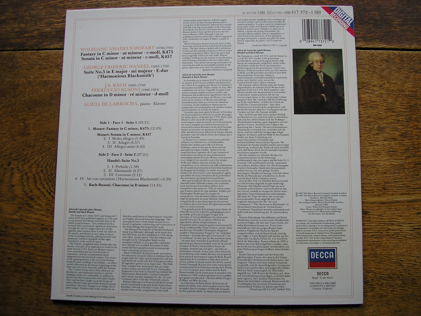 ALICIA DE LARROCHA PLAYS MOZART / BACH - BUSONI / HANDEL    417 372