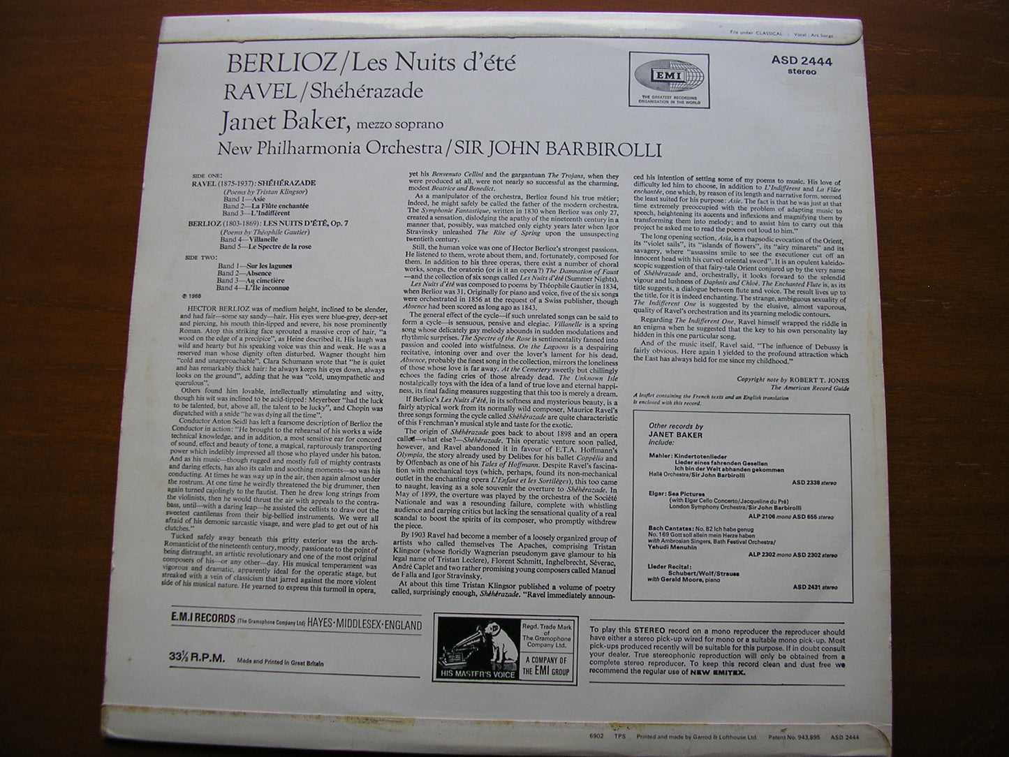 BERLIOZ: LES NUITS D'ETE / RAVEL: SHEHERAZADE JANET BAKER / NEW PHILHARMONIA / SIR JOHN BARBIROLLI      ASD 2444