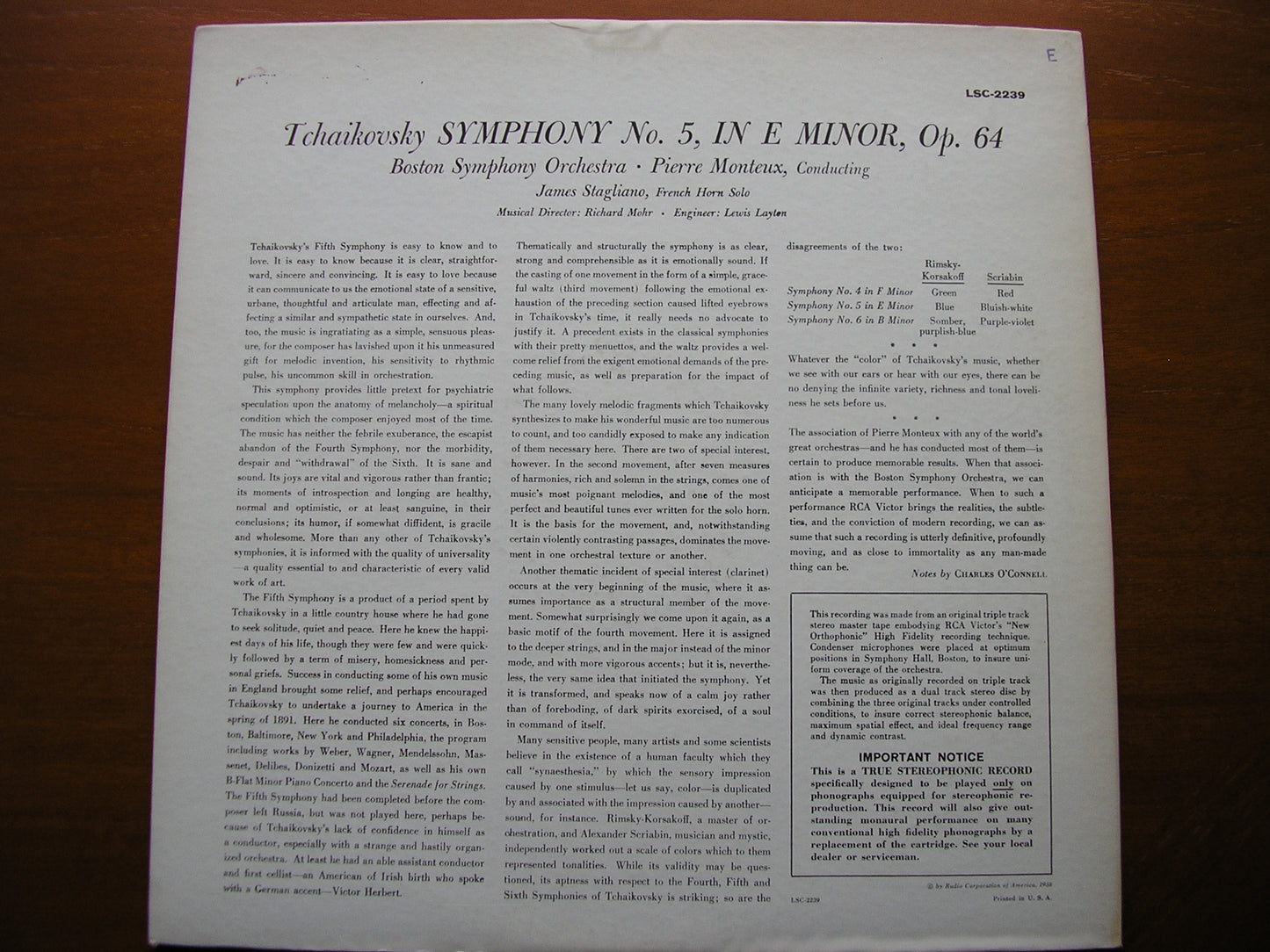 TCHAIKOVSKY: SYMPHONY No. 5   PIERRE MONTEUX / BOSTON SYMPHONY    LSC 2239