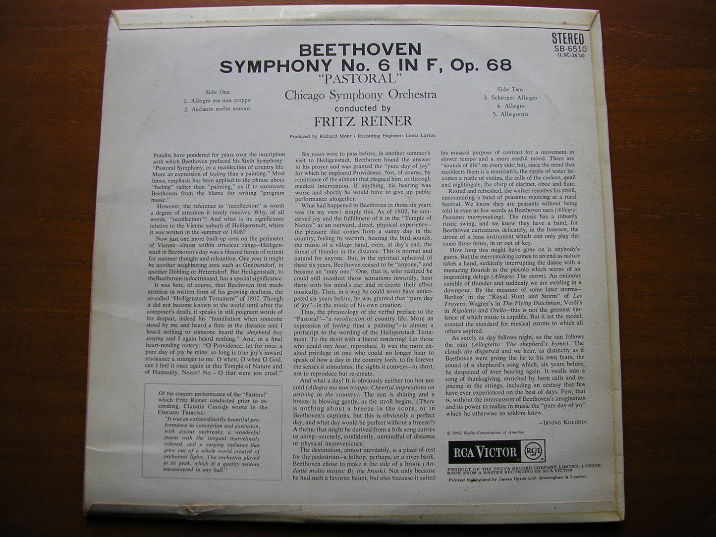 BEETHOVEN: SYMPHONY No. 6 'Pastoral'    REINER / CHICAGO SYMPHONY   SB 6510