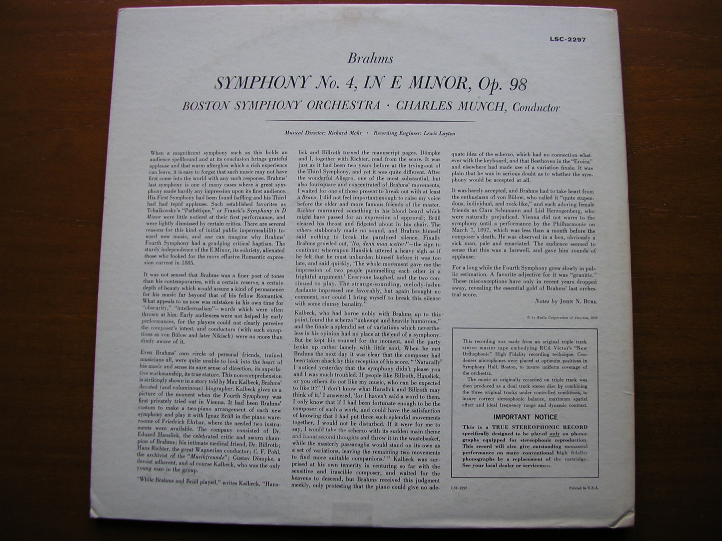 BRAHMS: SYMPHONY No. 4    CHARLES MUNCH / BOSTON SYMPHONY   LSC 2297