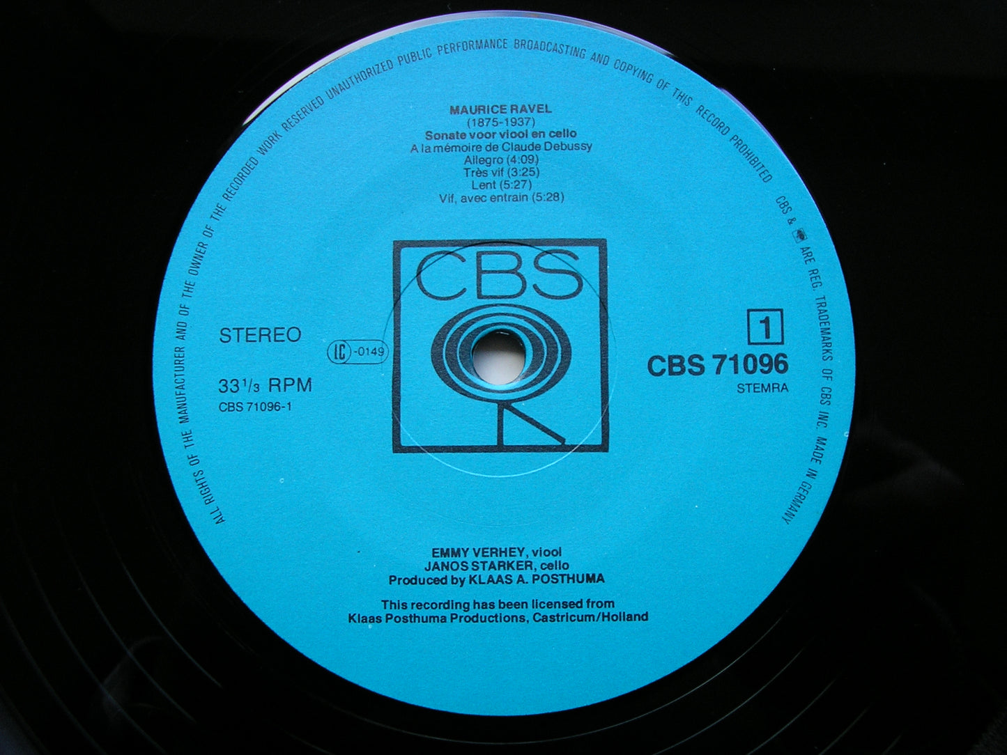 RAVEL: SONATA FOR VIOLIN & CELLO / KODALY: DUO Op. 7    EMMY VERHEY / JANOS STARKER    71096