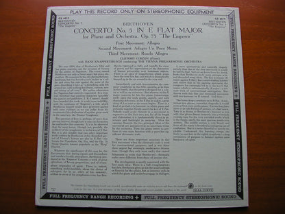 BEETHOVEN: PIANO CONCERTO No. 5     CURZON / VIENNA PHILHARMONIC / KNAPPERTSBUSCH     CS 6019