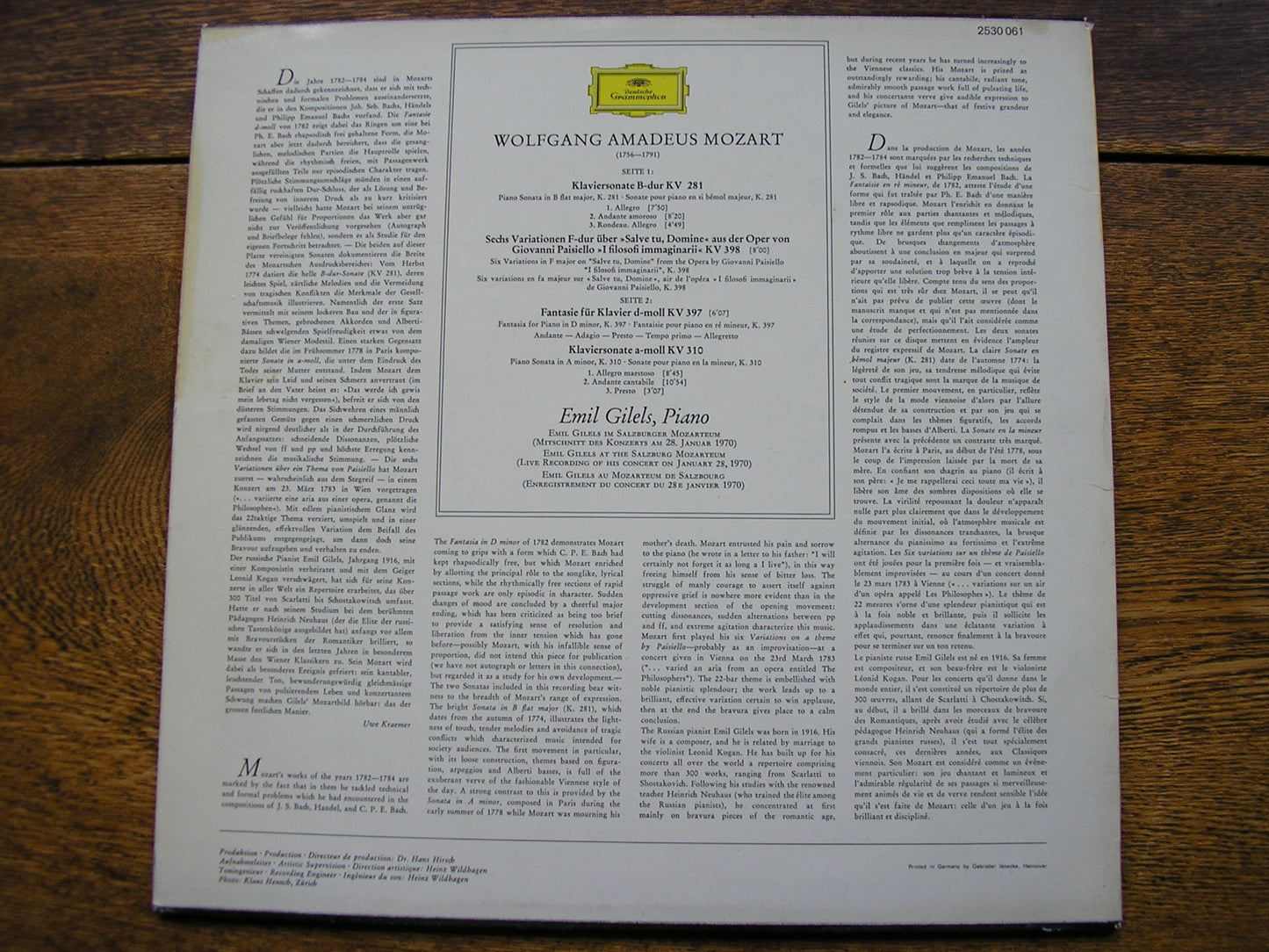 MOZART: PIANO SONATAS K281 & K310 / FANTASIE K397 / VARIATIONS K398    EMIL GILELS   2530 061