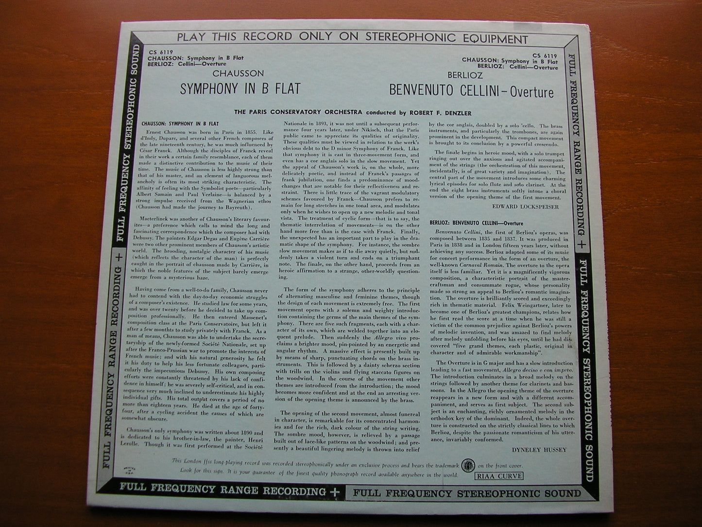 CHAUSSON: SYMPHONY / BERLIOZ: OVERTURE Benvenuto Cellini      DENZLER / PARIS CONSERVATOIRE      CS 6119