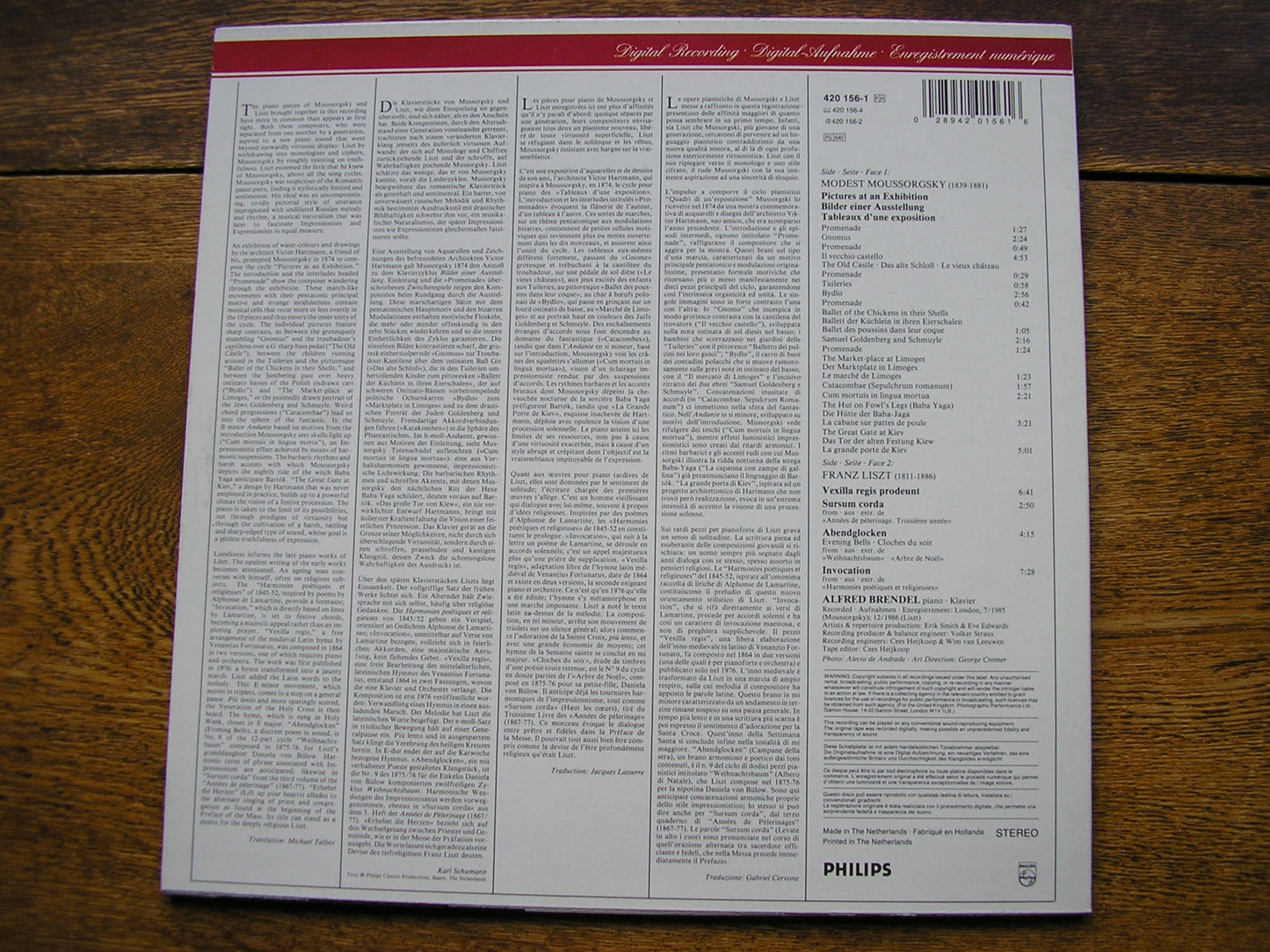 MOUSSORGSKY: PICTURES AT AN EXHIBITION / LISZT: PIANO PIECES    ALFRED BRENDEL  420 156