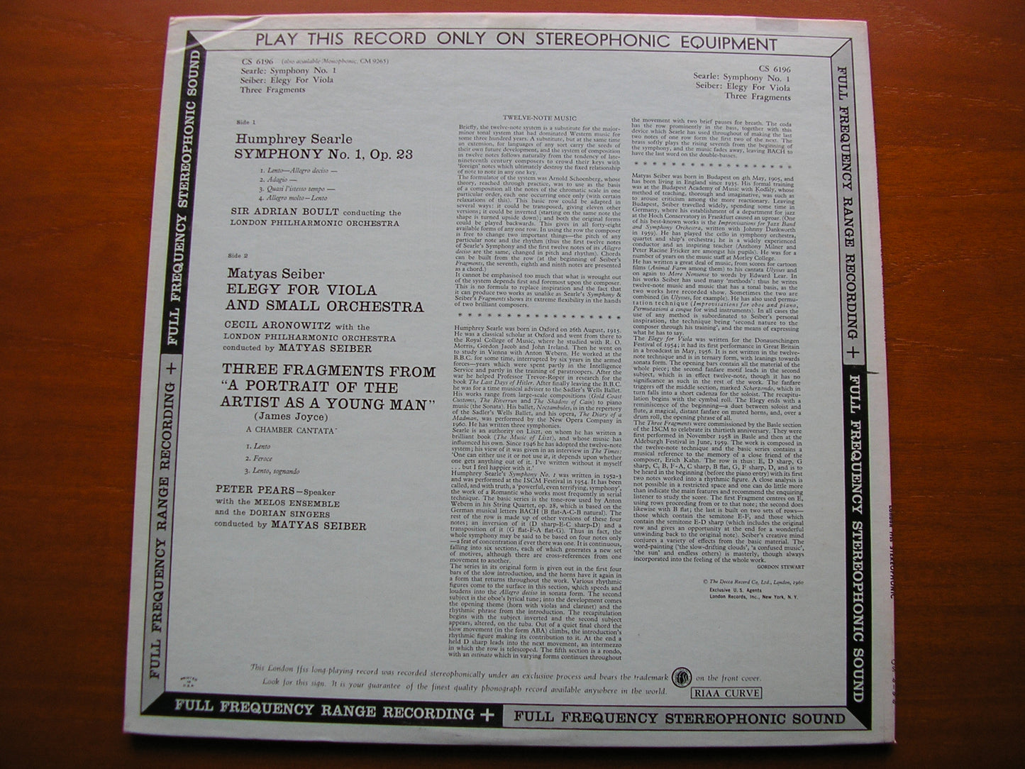 SEARLE: SYMPHONY No. 1 / SEIBER: ELEGY / THREE FRAGMENTS   ARONOWITZ / PEARS / LONDON PHILHARMONIC / BOULT    CS 6196