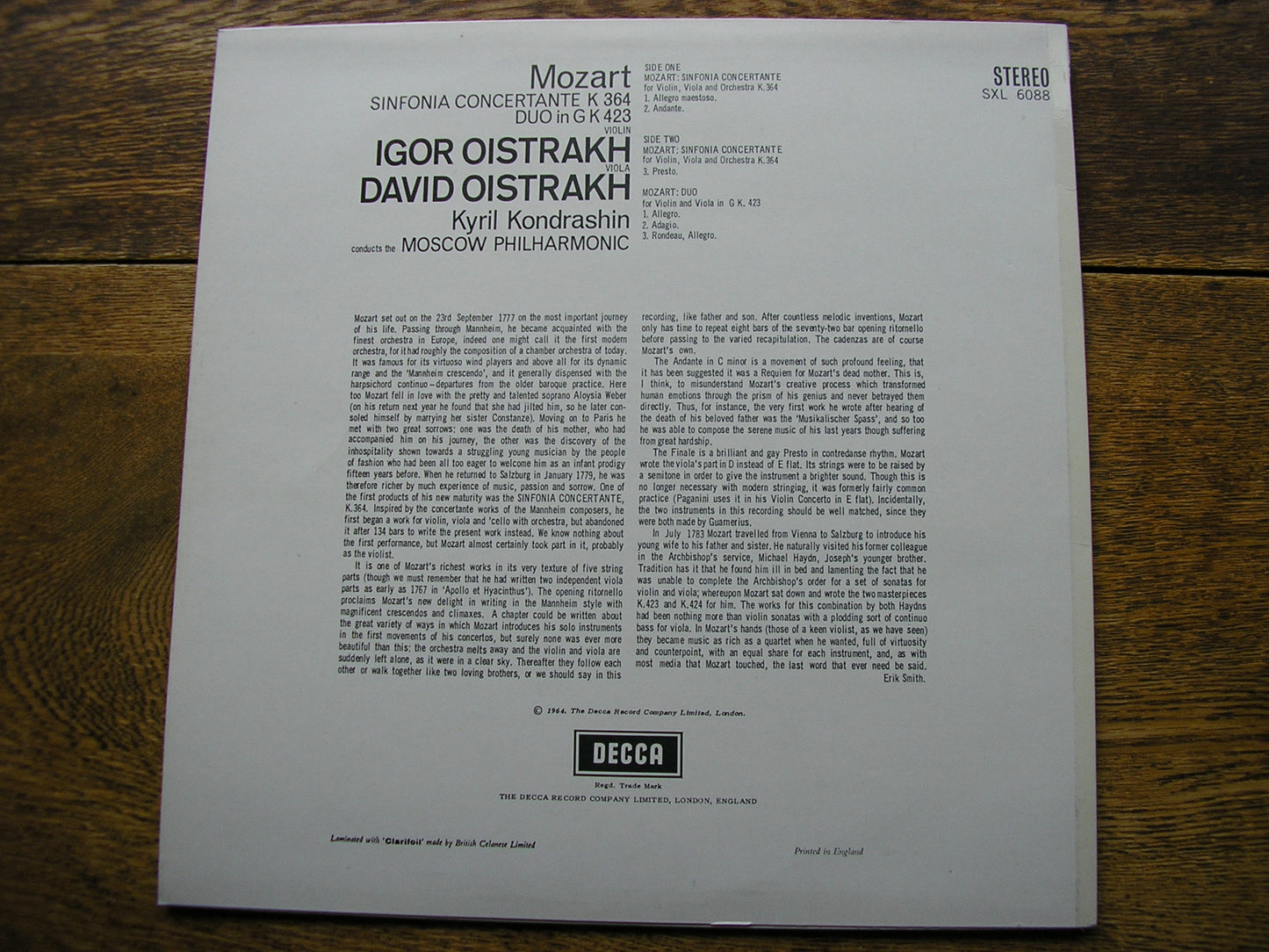 MOZART: SINFONIA CONCERTANTE K364  DAVID & IGOR OISTRAKH / MPO / KONDRASHIN   SXL 6088