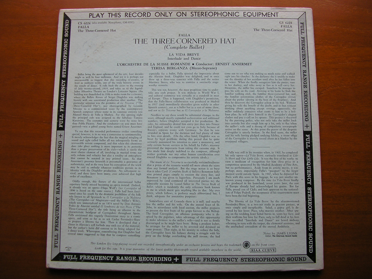 FALLA: THE THREE CORNERED HAT    BERGANZA / SUISSE ROMANDE ORCHESTRA / ANSERMET     CS 6224