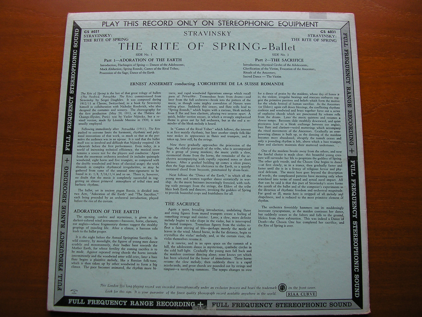 STRAVINSKY: THE RITE OF SPRING     ANSERMET / SUISSE ROMANDE ORCHESTRA    CS 6031