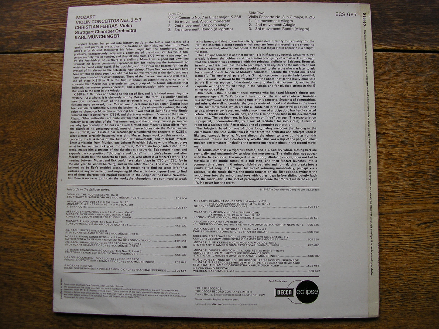 MOZART: VIOLIN CONCERTOS Nos. 3 & 7    FERRAS / STUTTGART CHAMBER ORCHESTRA / MUNCHINGER   ECS  697