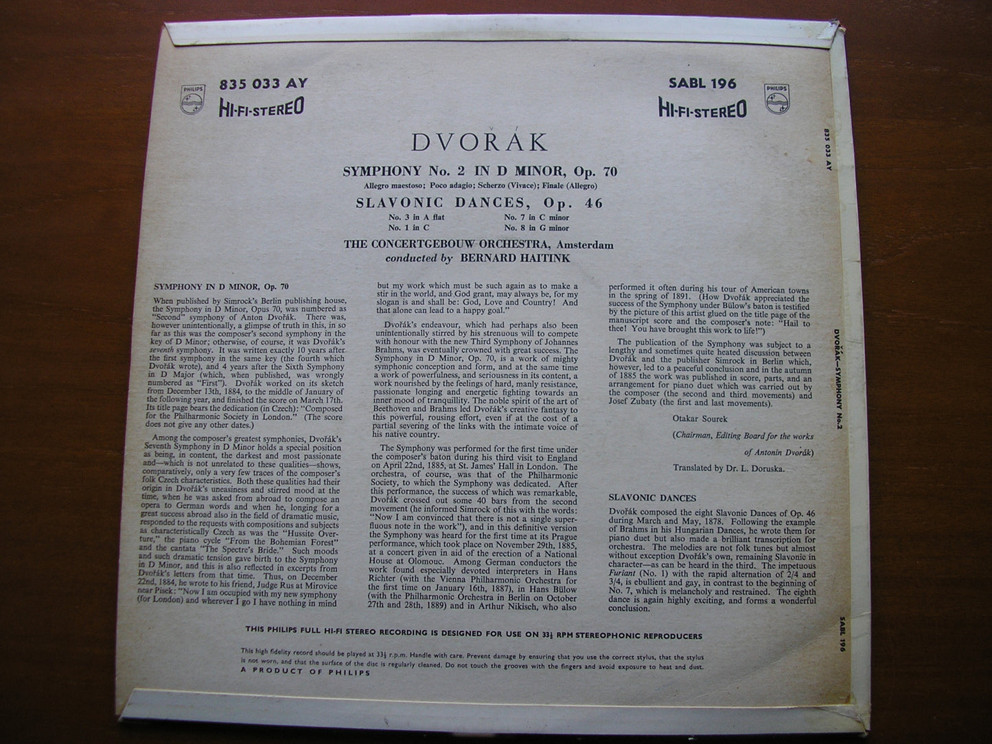 DVORAK: SYMPHONY No. 7 / SLAVONIC DANCES    HAITINK / CONCERTGEBOUW ORCHESTRA    SABL 196