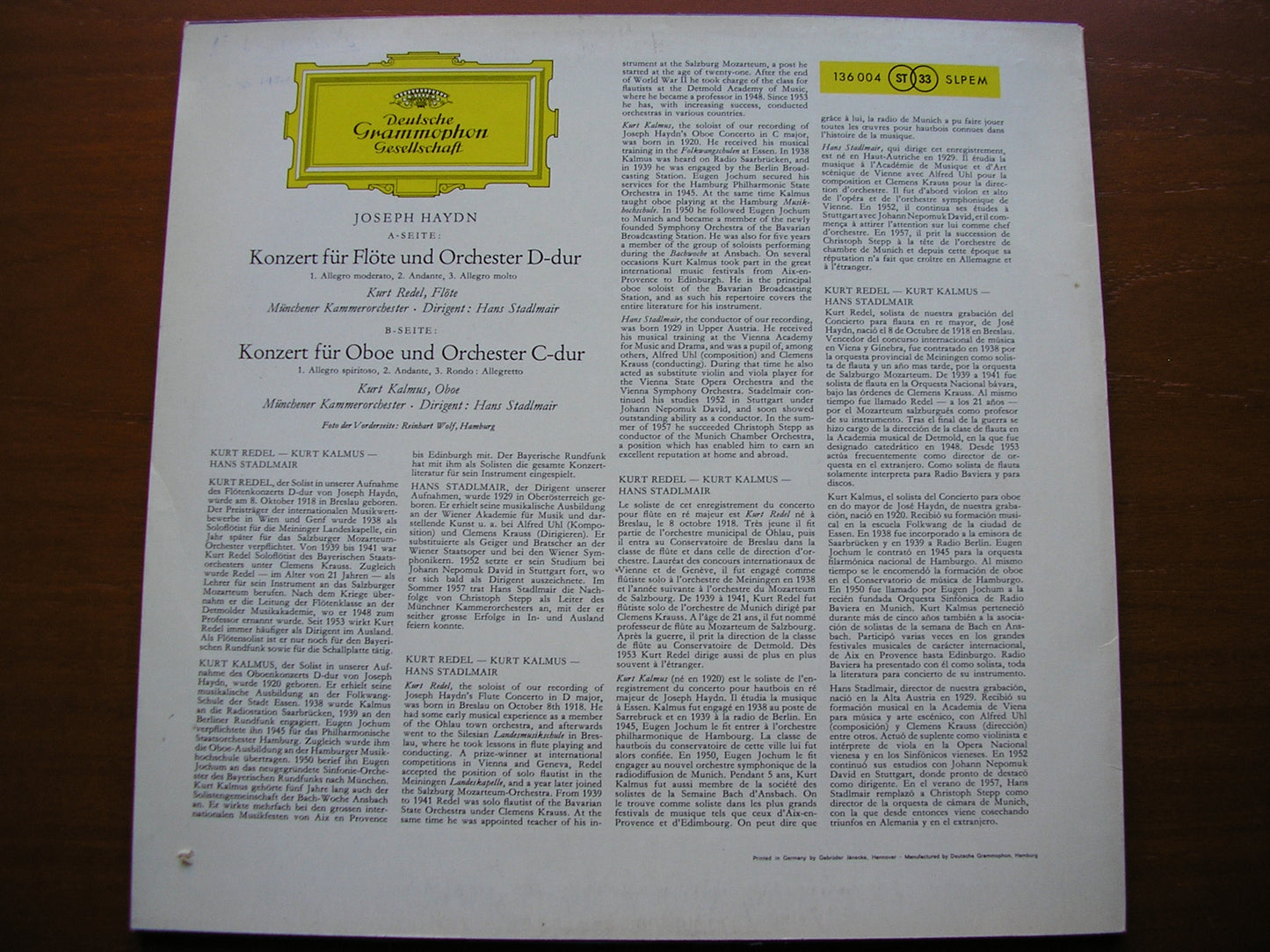HAYDN: FLUTE & OBOE CONCERTOS REDEL / MUNICH CO / STADLMAIR DGG 136 004