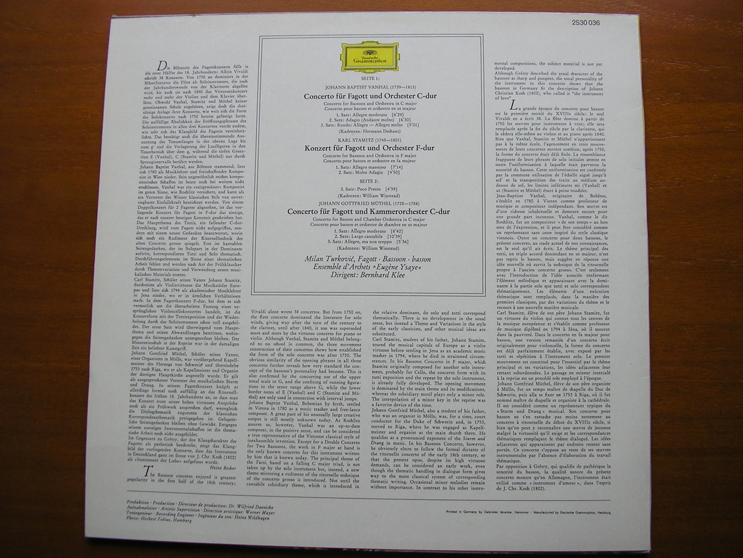 BASSOON CONCERTOS: VANHAL / STAMITZ / MUTHEL     TURKOVIC / YSAYE STRING ENSEMBLE / KLEE    2530 036