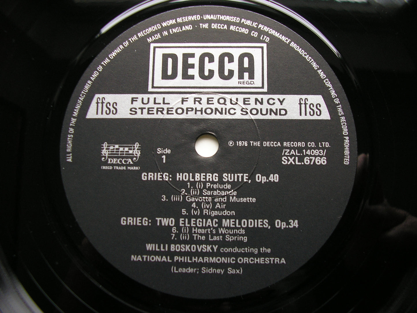 GRIEG: ORCHESTRAL WORKS: HOLBERG SUITE / TWO ELEGIAC MELODIES / TWO NORWEGIAN MELODIES      BOSKOVSKY / NATIONAL PHILHARMONIC  SXL 6766