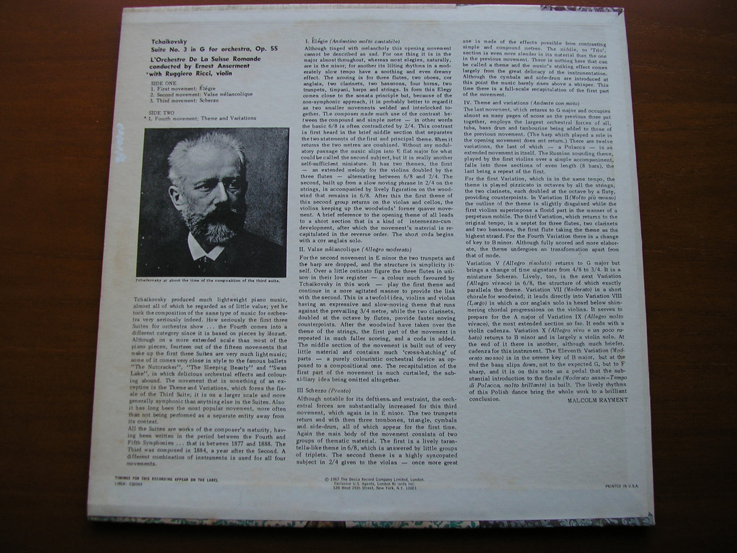 TCHAIKOVSKY: SUITE No. 3    RICCI / SUISSE ROMANDE ORCHESTRA / ERNEST ANSERMET    CS 6543