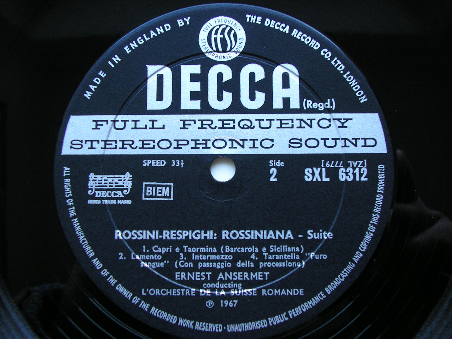 TCHAIKOVSKY: SUITE No. 4 'Mozartiana' / ROSSINI - RESPIGHI: 'Rossiniana'     RICCI / SUISSE ROMANDE / ANSERMET    SXL 6312