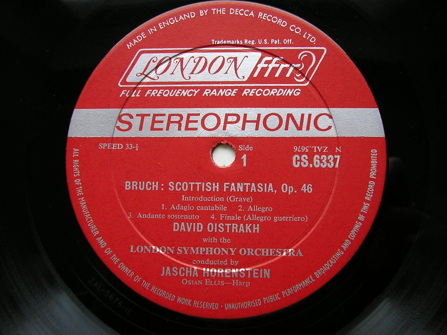 BRUCH: SCOTTISH FANTASIA / HINDEMITH: VIOLIN CONCERTO   OISTRAKH / LONDON SYMPHONY / HORENSTEIN / HINDEMITH   CS 6337