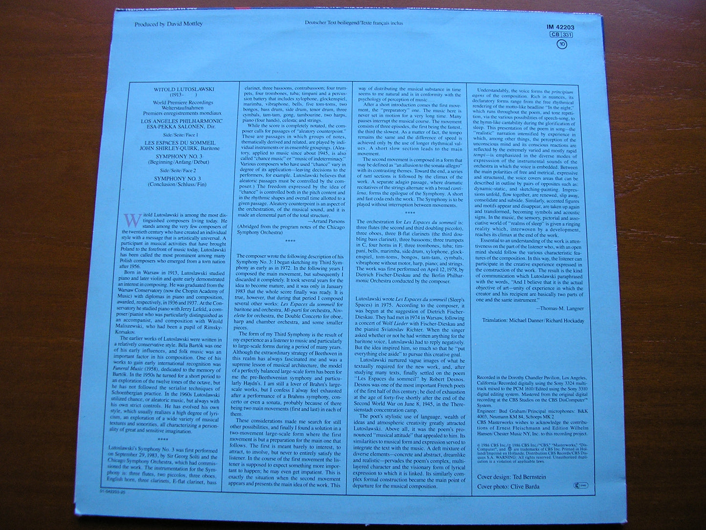 LUTOSLAWSKI: SYMPHONY No. 3 / LES ESPACES DU SOMMEIL   SHIRLEY - QUIRK / LAPO / SALONEN   IM 42203