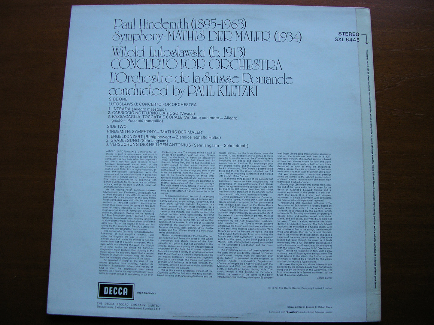 LUTOSLAWSKI: CONCERTO / HINDEMITH: MATHIS DER MALER   KLETZKI / SUISSE ROMANDE   SXL 6445