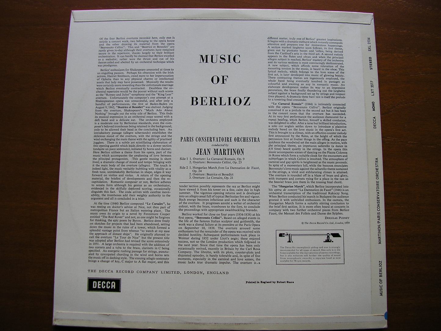 BERLIOZ: OVERTURES / HUNGARIAN MARCH    MARTINON / PARIS CONSERVATOIRE    SXL 2134