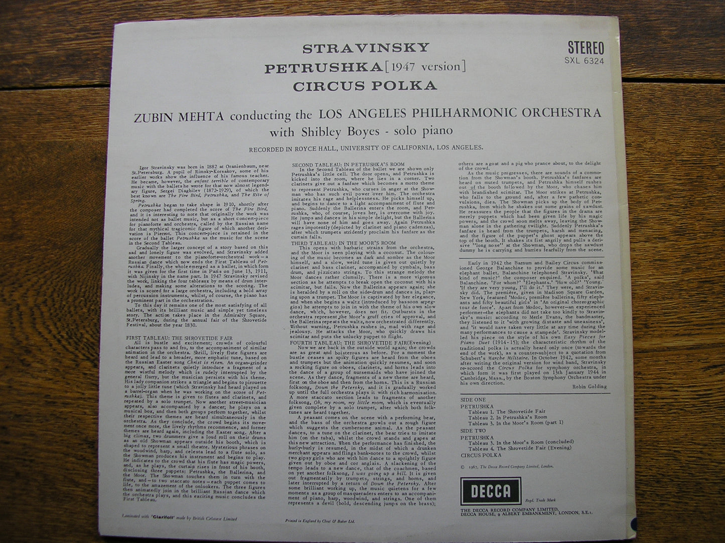 STRAVINSKY: PETRUSHKA / CIRCUS POLKA ZUBIN MEHTA / LOS ANGELES PHILHARMONIC  SXL 6324
