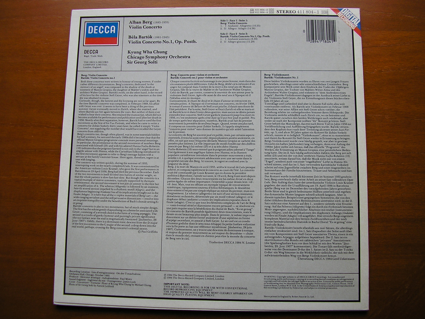 BERG: VIOLIN CONCERTO / BARTOK: VIOLIN CONCERTO No. 1    KYUNG WHA CHUNG / CHICAGO SYMPHONY / GEORG SOLTI    411 804