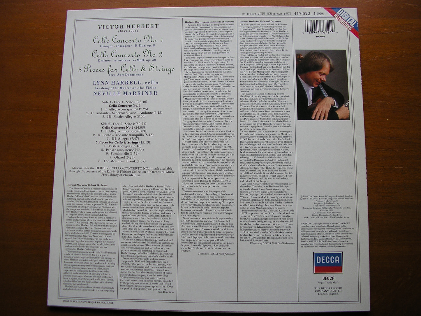 HERBERT: CELLO CONCERTOS    LYNN HARRELL / ASMIF / NEVILLE MARRINER   417 672