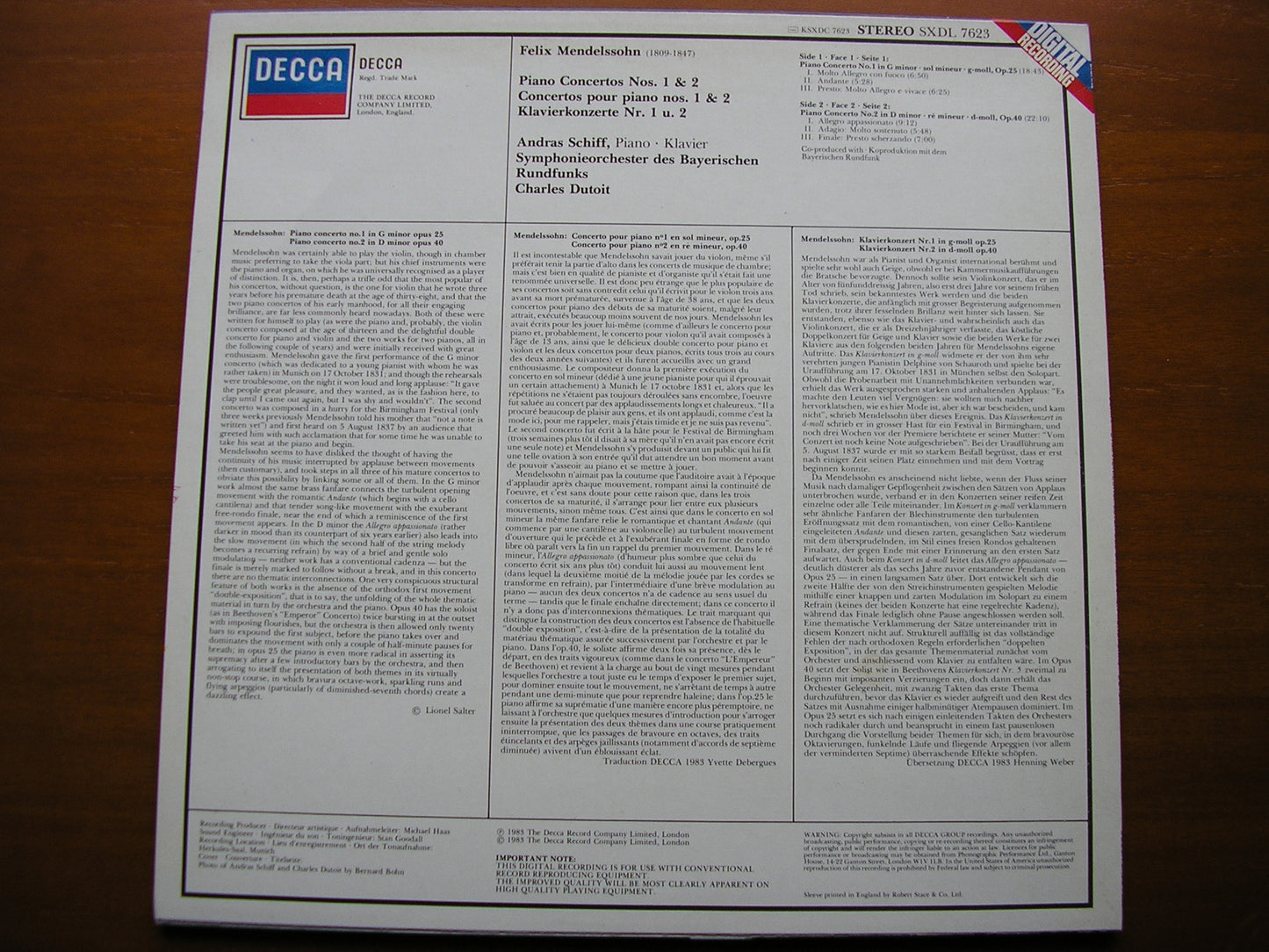 MENDELSSOHN: PIANO CONCERTOS Nos. 1 & 2    SCHIFF / BAVARIAN RADIO SYMPHONY / DUTOIT    SXDL 7623