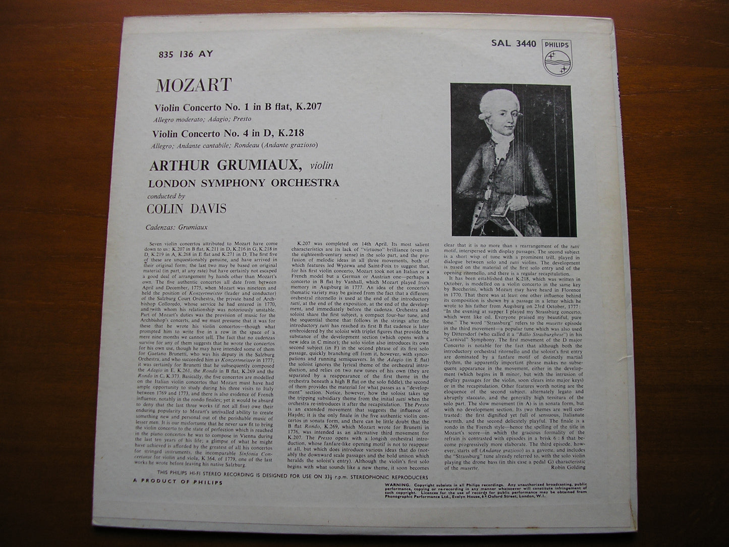 MOZART: VIOLIN CONCERTOS K207 & K218     GRUMIAUX / LONDON SYMPHONY / DAVIS    SAL 3440