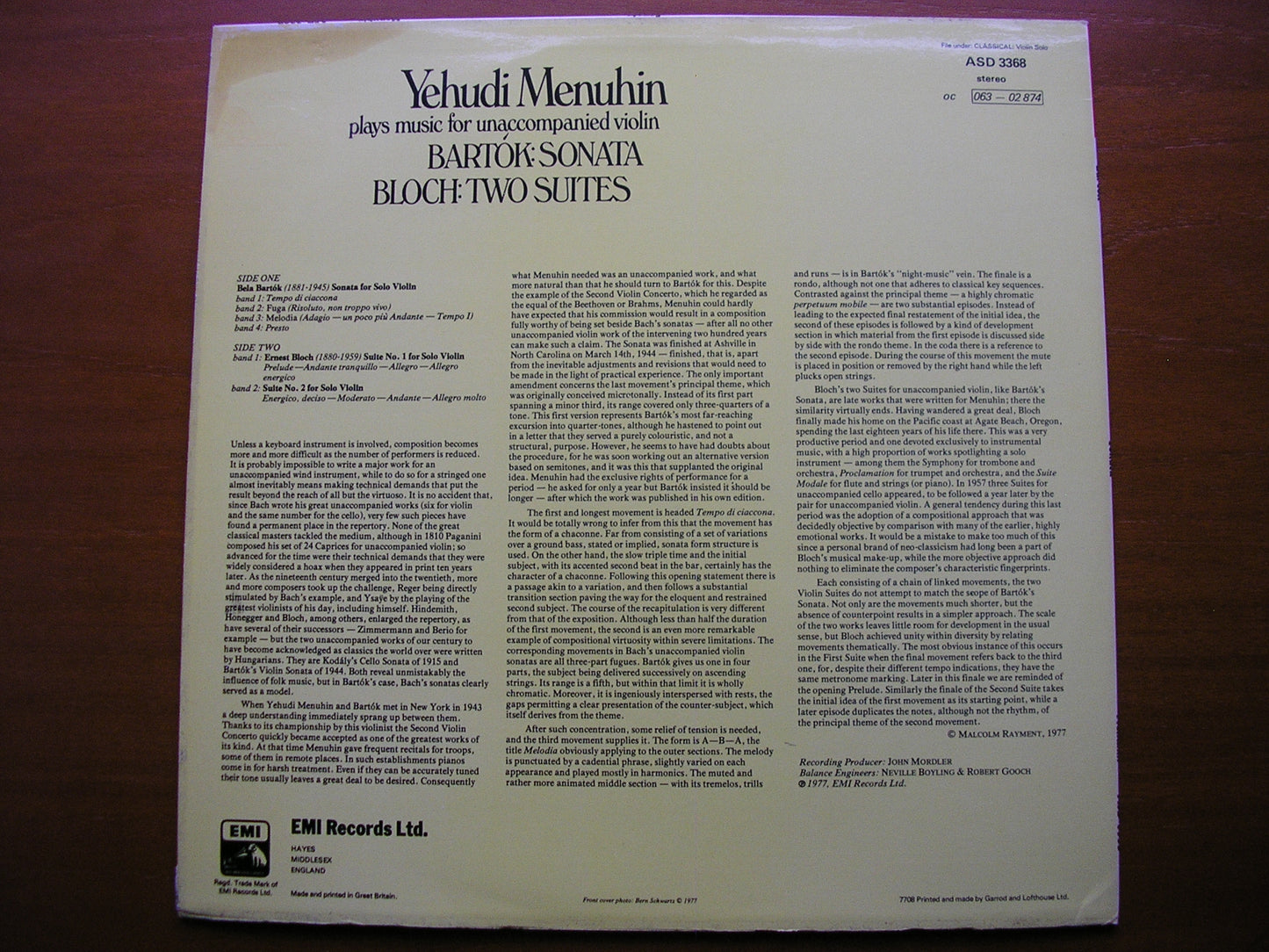 BARTOK: SONATA FOR SOLO VIOLIN / BLOCH: TWO SUITES   YEHUDI MENUHIN ASD 3368