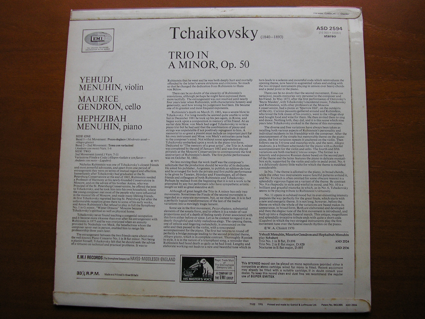 TCHAIKOVSKY: PIANO TRIO in A      YEHUDI & HEPHZIBAH MENUHIN / MAURICE GENDRON      ASD 2594