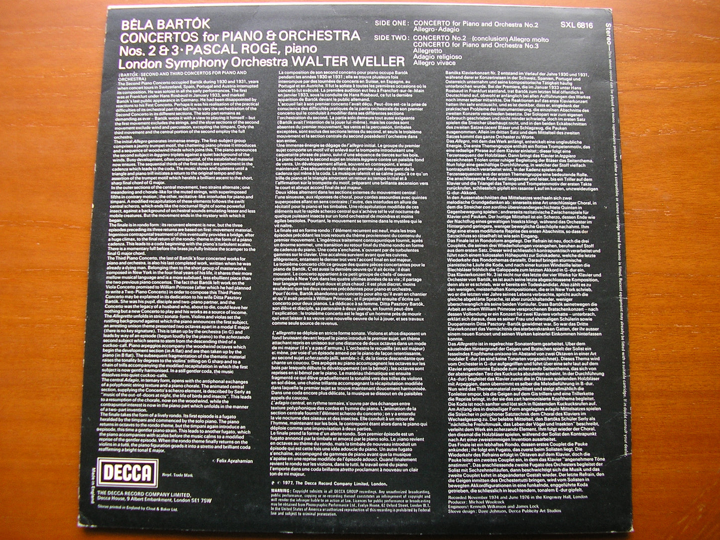 BARTOK: PIANO CONCERTOS Nos. 2 & 3    ROGE / LONDON SYMPHONY ORCHESTRA / WELLER   SXL 6816