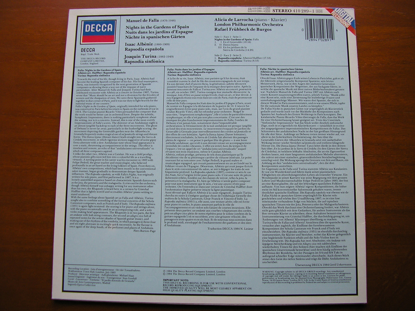 FALLA: NIGHTS IN THE GARDENS OF SPAIN / ALBENIZ: RAPSODIA ESPANOLA   DE LARROCHA / LONDON PHILHARMONIC / DE BURGOS   410 289