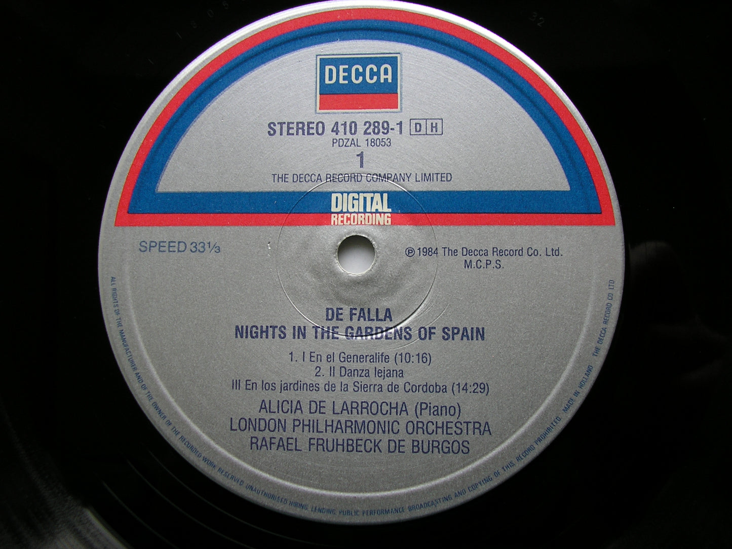 FALLA: NIGHTS IN THE GARDENS OF SPAIN / ALBENIZ: RAPSODIA ESPANOLA   DE LARROCHA / LONDON PHILHARMONIC / DE BURGOS   410 289