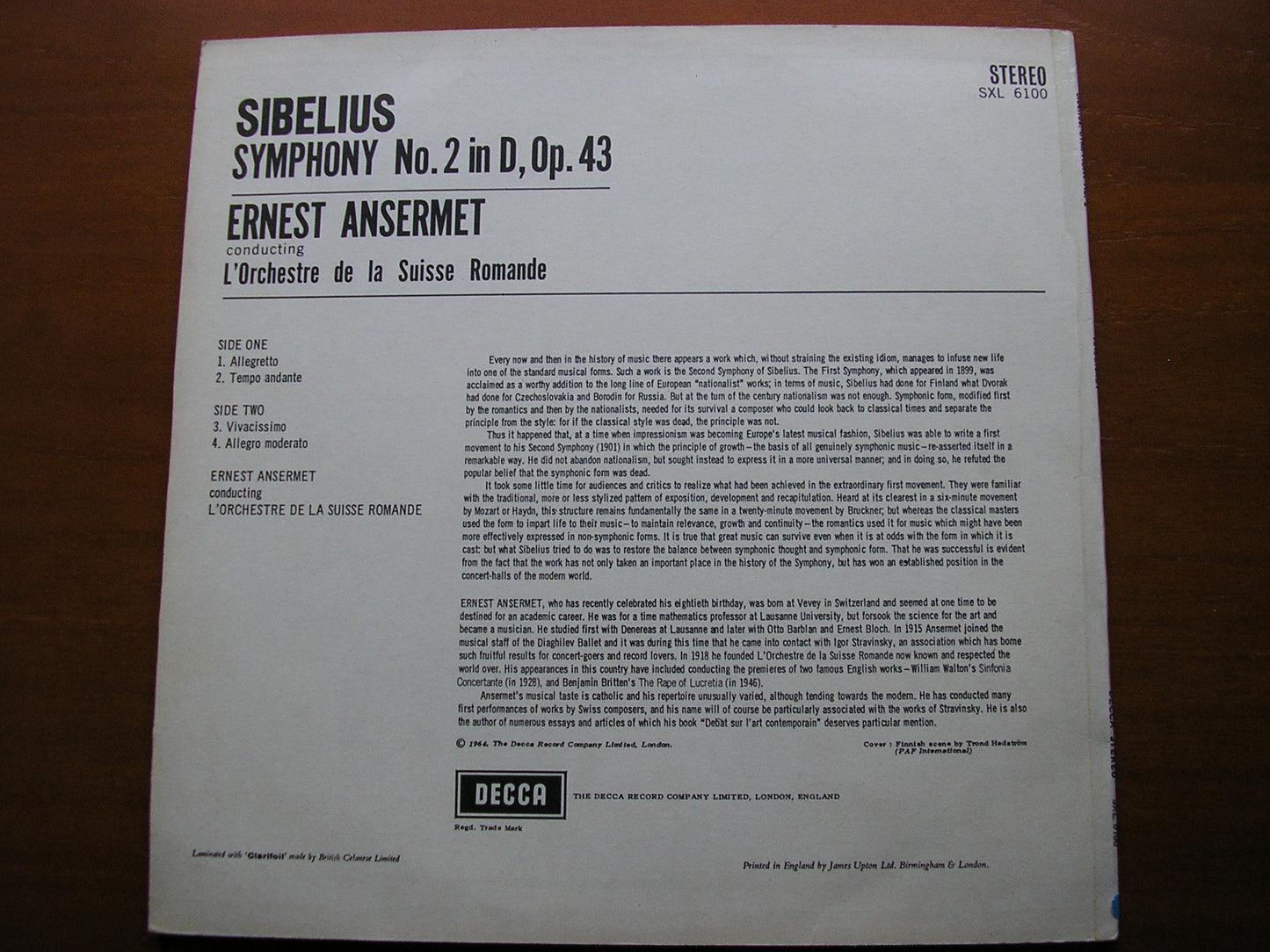 SIBELIUS: SYMPHONY No. 2      ANSERMET / SUISSE ROMANDE    SXL 6100