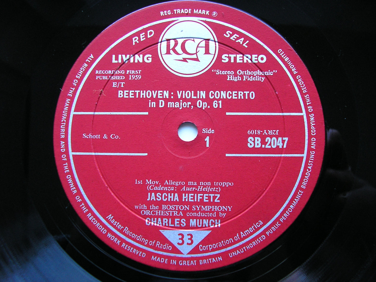 BEETHOVEN: VIOLIN CONCERTO    HEIFETZ / BOSTON SYMPHONY / MUNCH   SB 2047