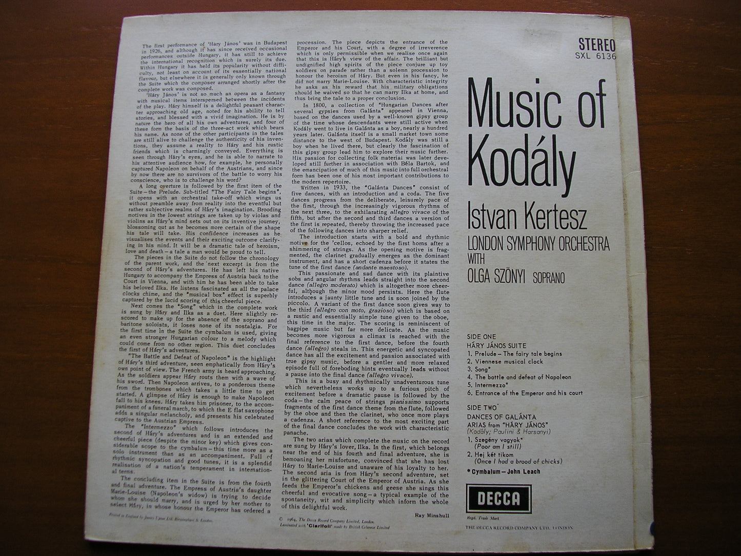 KODALY: HARY JANOS Suite / DANCES OF GALANTA    KERTESZ / LONDON SYMPHONY   SXL 6136